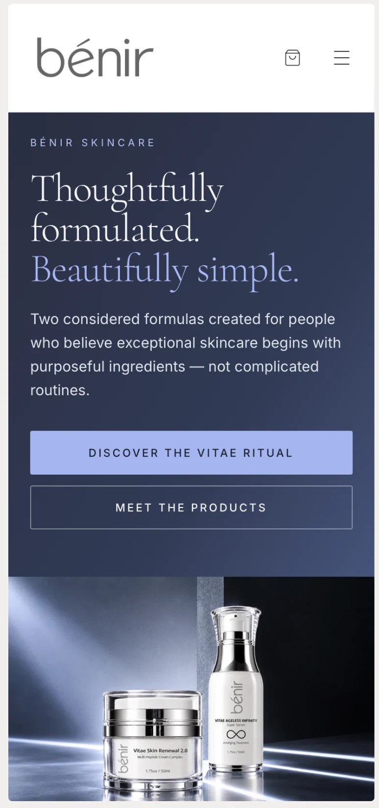 Bénir Skincare mobile website screenshot
