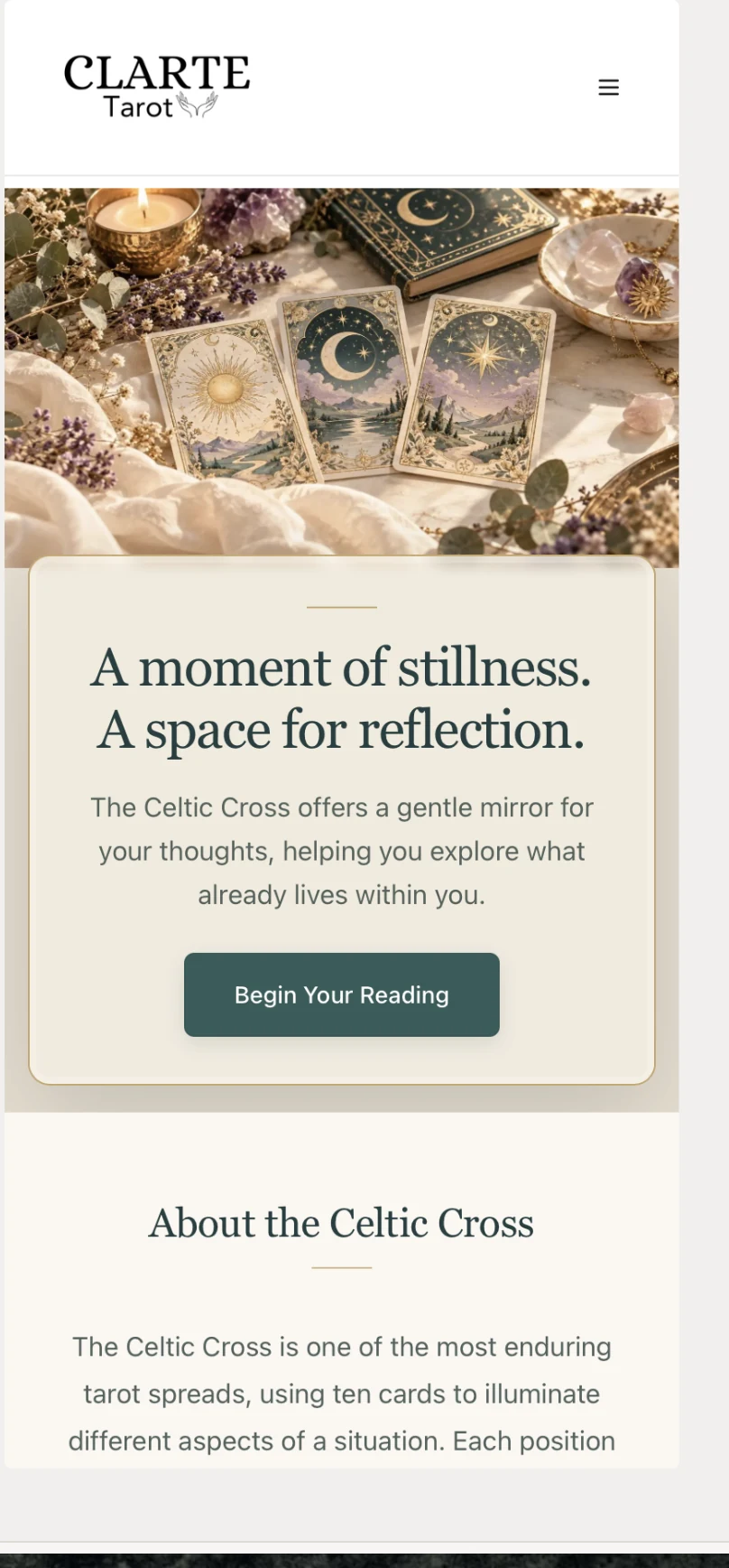Clarté Tarot mobile website screenshot